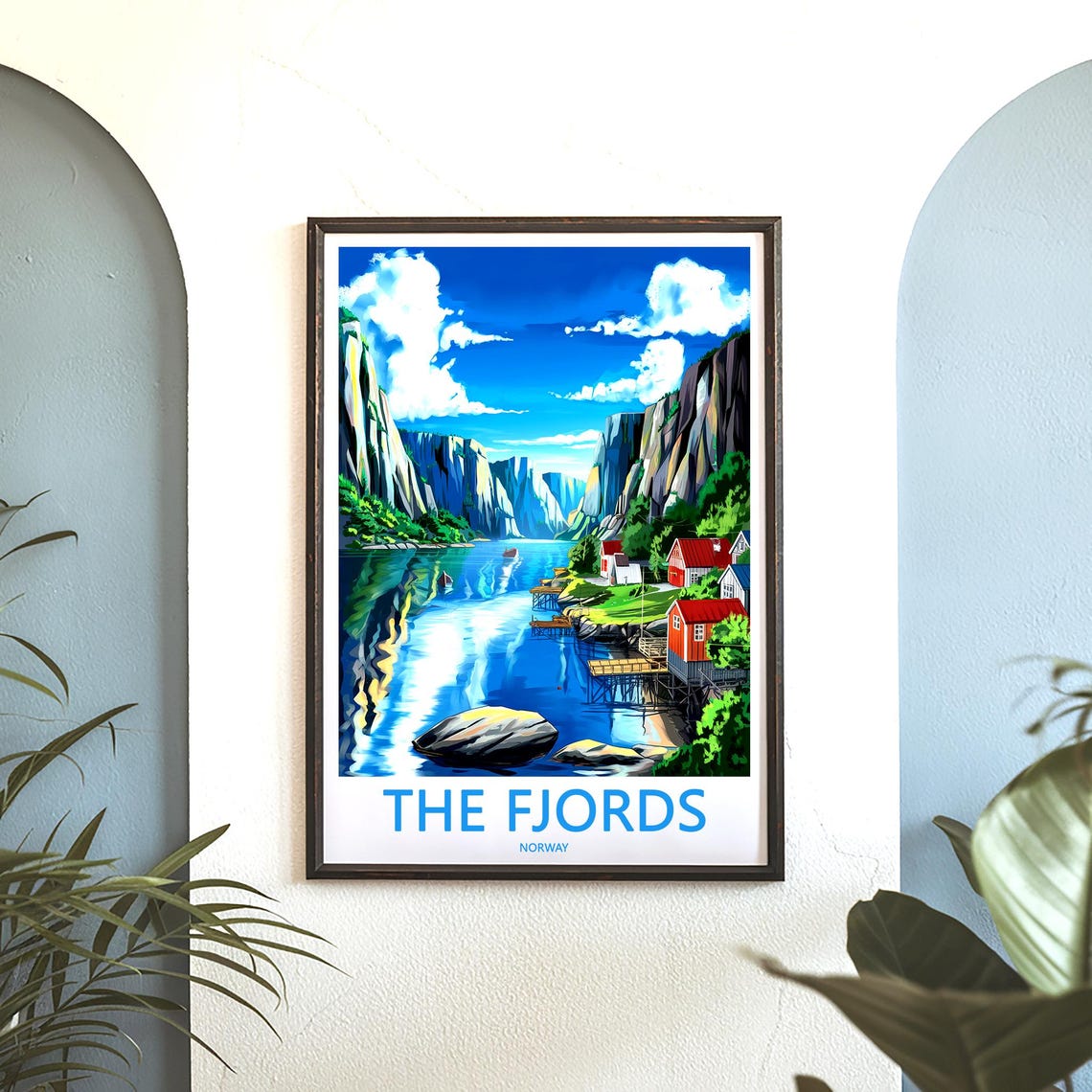 The Fjords Norway Red Cabins Towering Cliffs Illustration Poster - Image 3
