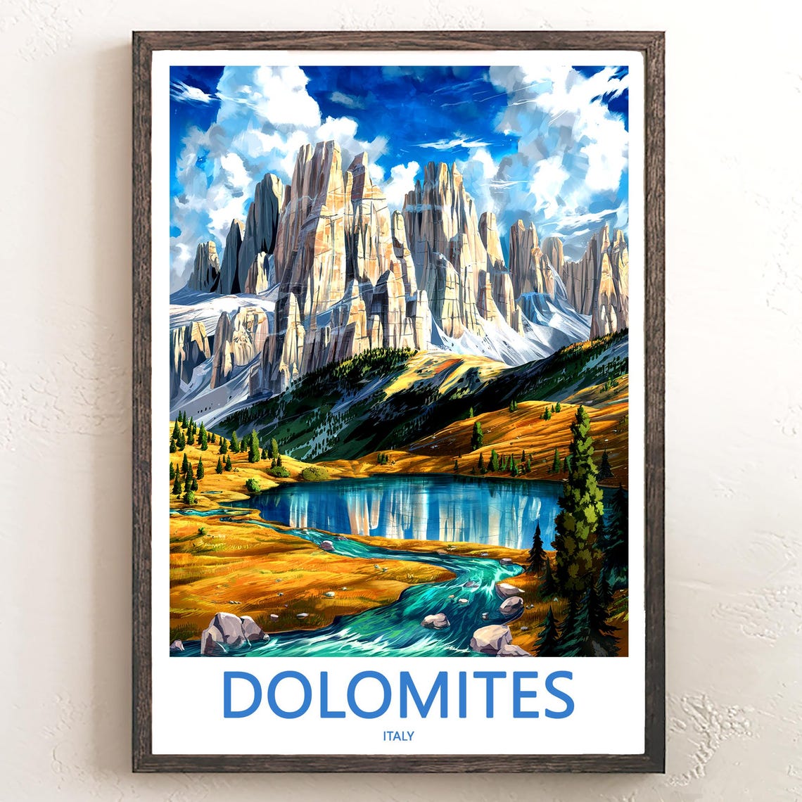 Dolomites Jagged Peaks over Blue Alpine Lake Italy Travel Poster