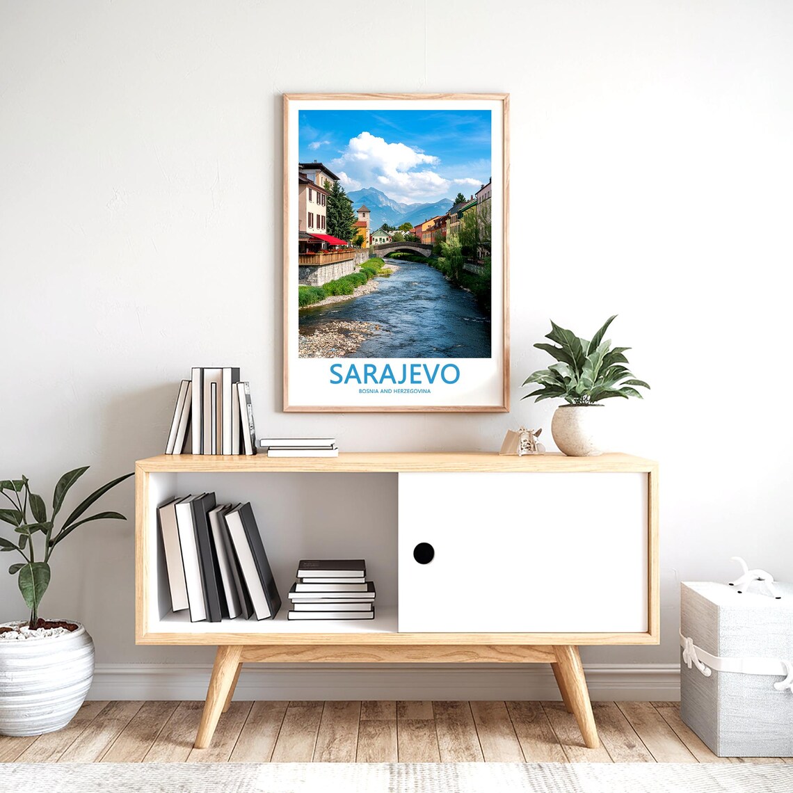 Sarajevo River Stone Bridge and Mountains Cityscape Travel Poster - Image 2