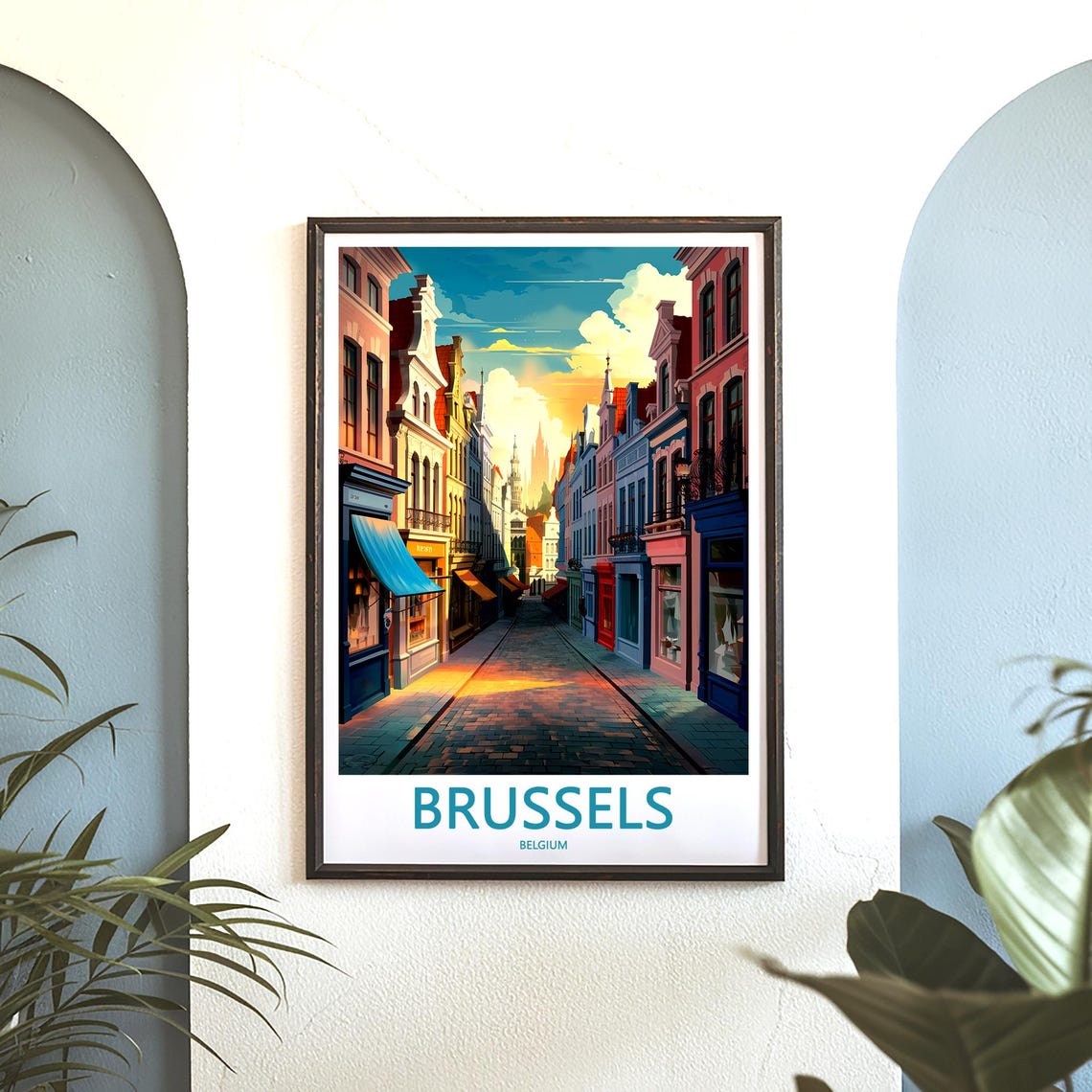 Brussels Cobblestone Street Colorful Houses Illustrated Poster - Image 3