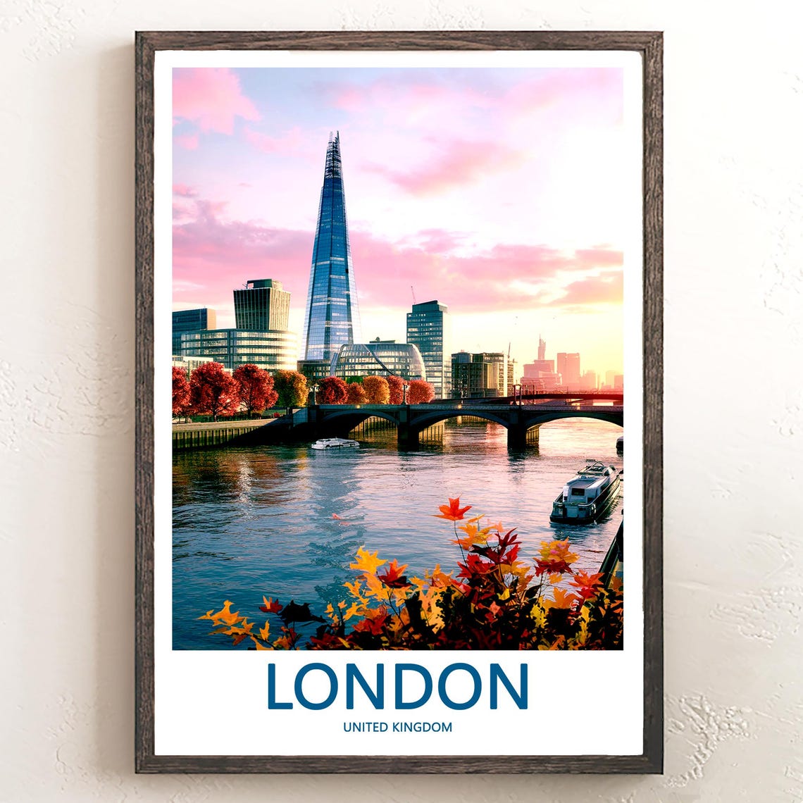 The Shard Under a Pink Dusk Sky by the Thames River Bridge Poster