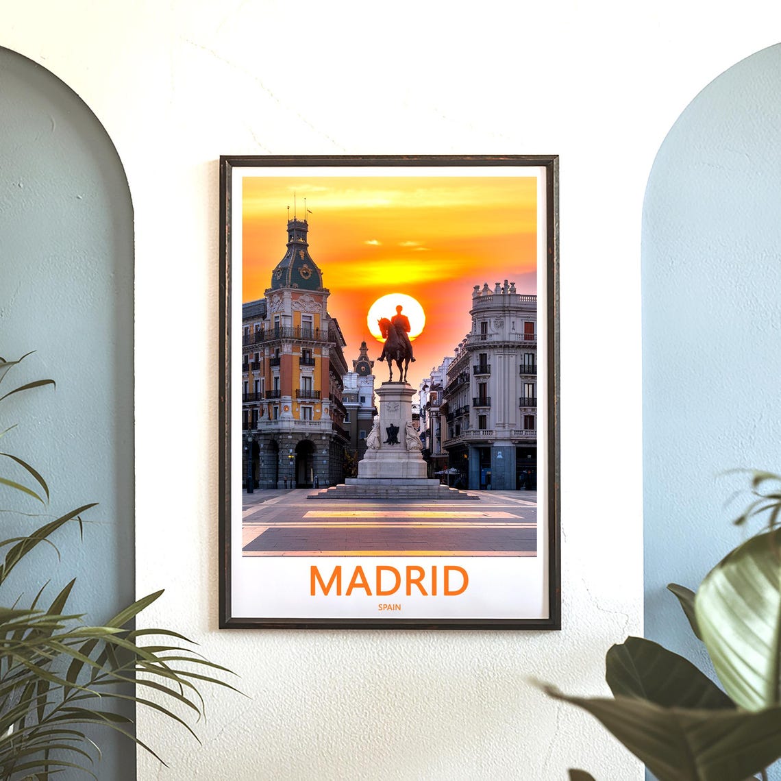 Madrid Equestrian Statue Glowing Orange Sunset Silhouette Poster - Image 3