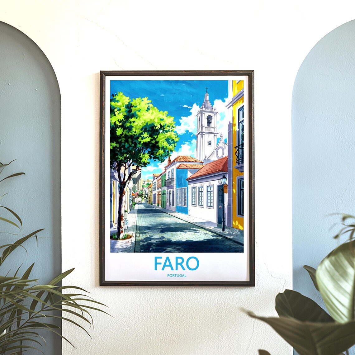 Faro Portugal Old Town Street with White Church Tower Sunny Poster - Image 3