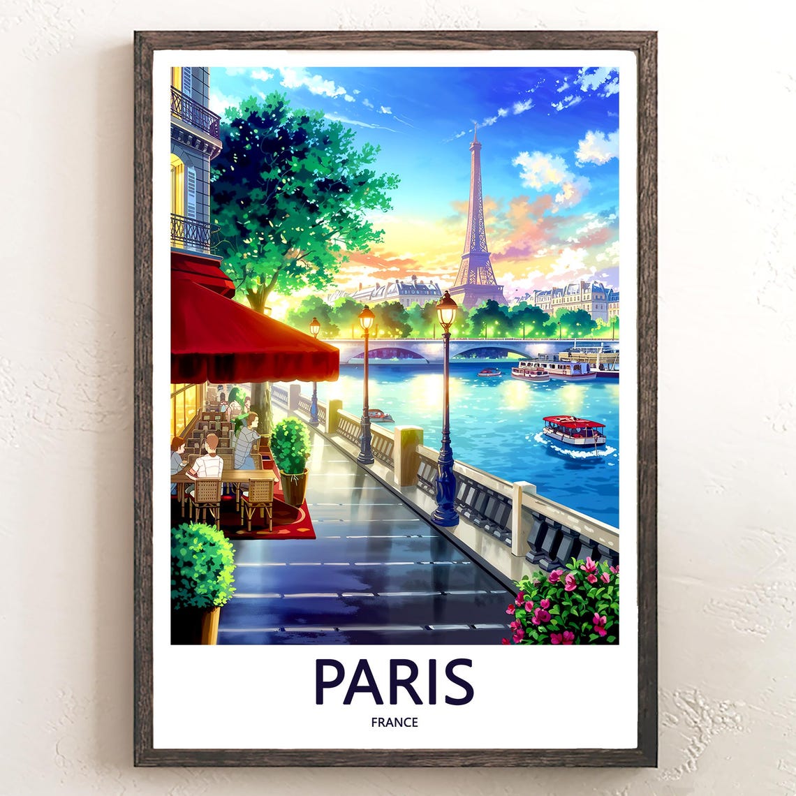 Seine Quay Cafe Terrace at Dusk Facing the Eiffel Tower Poster