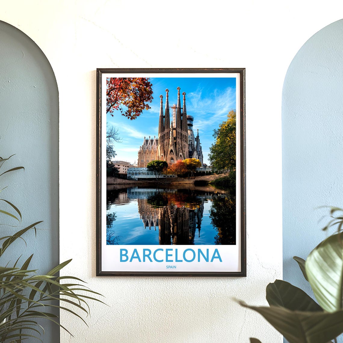Barcelona Sagrada Família Wide Autumn Reflection Photo Poster - Image 3
