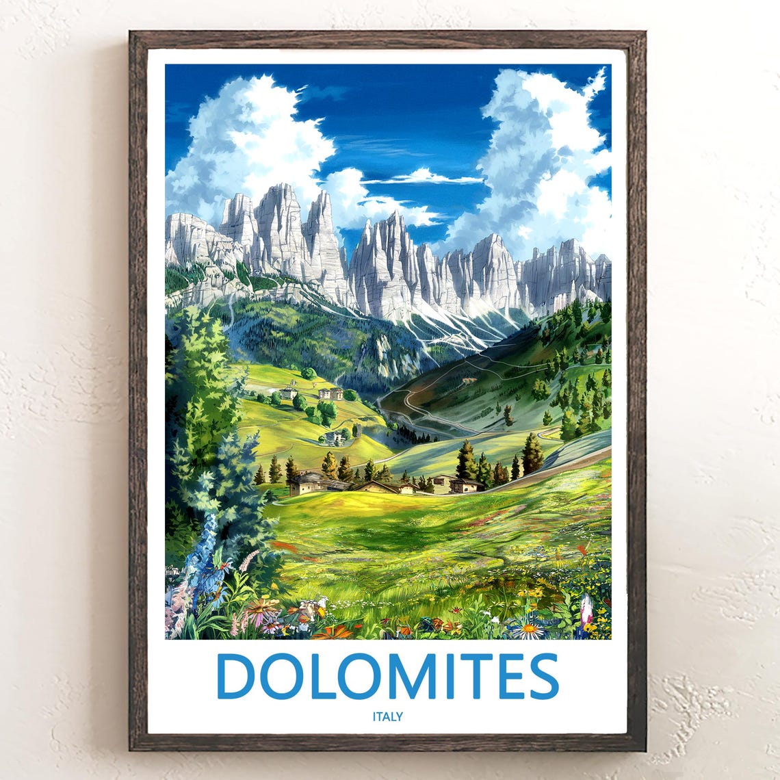 Dolomites White Peaks over Flower Meadow Italy Travel Poster