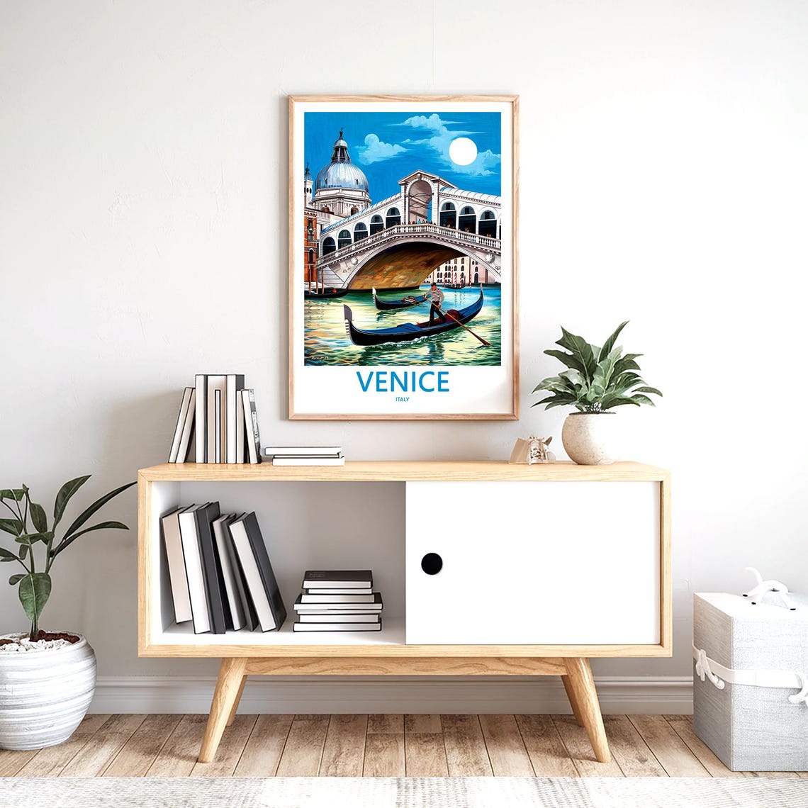 Venice Rialto Bridge Moonlit Gondolier Vintage Illustration Poster - Image 2