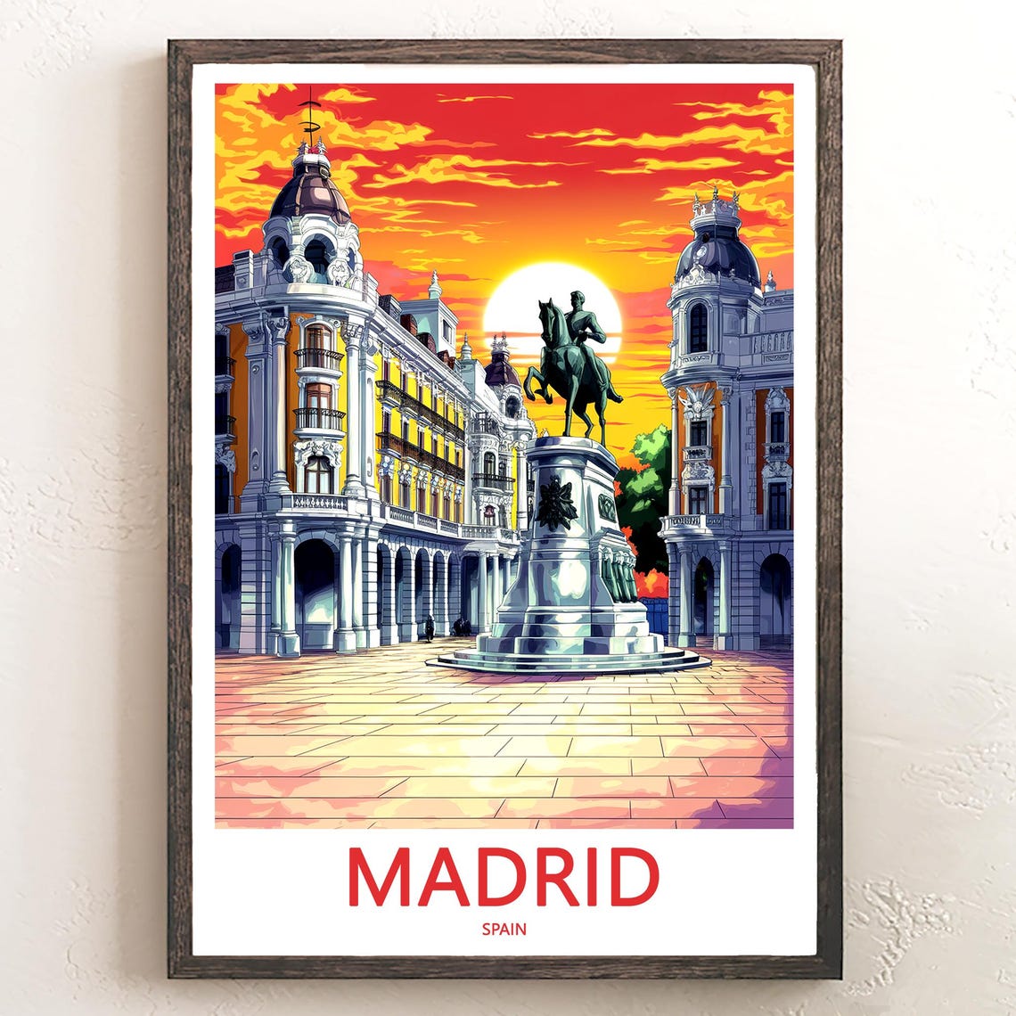 Madrid Sunset Illustration Equestrian Statue Plaza Scene Poster
