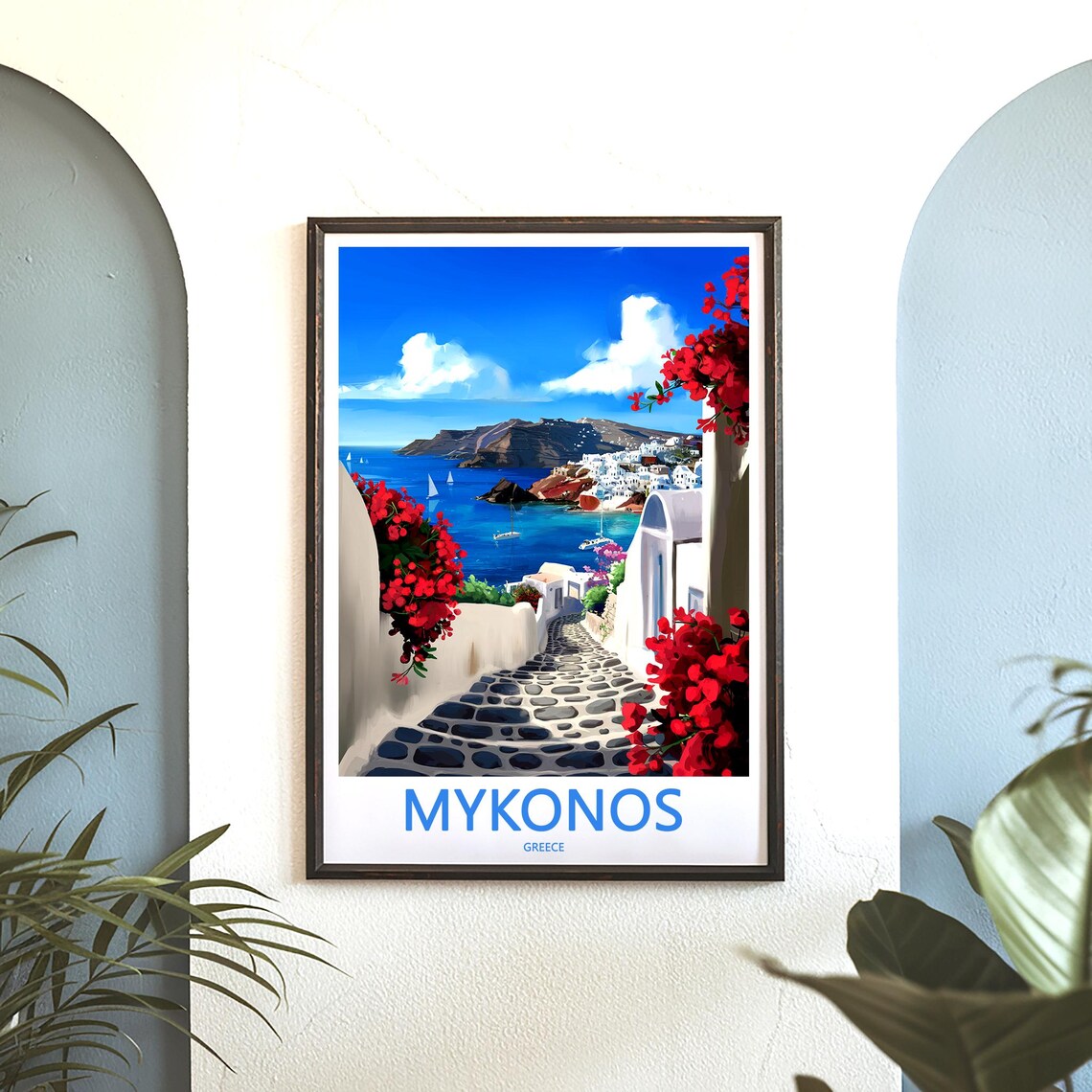 Mykonos Alley Arches Red Bougainvillea Sea View Greece Art Poster - Image 3