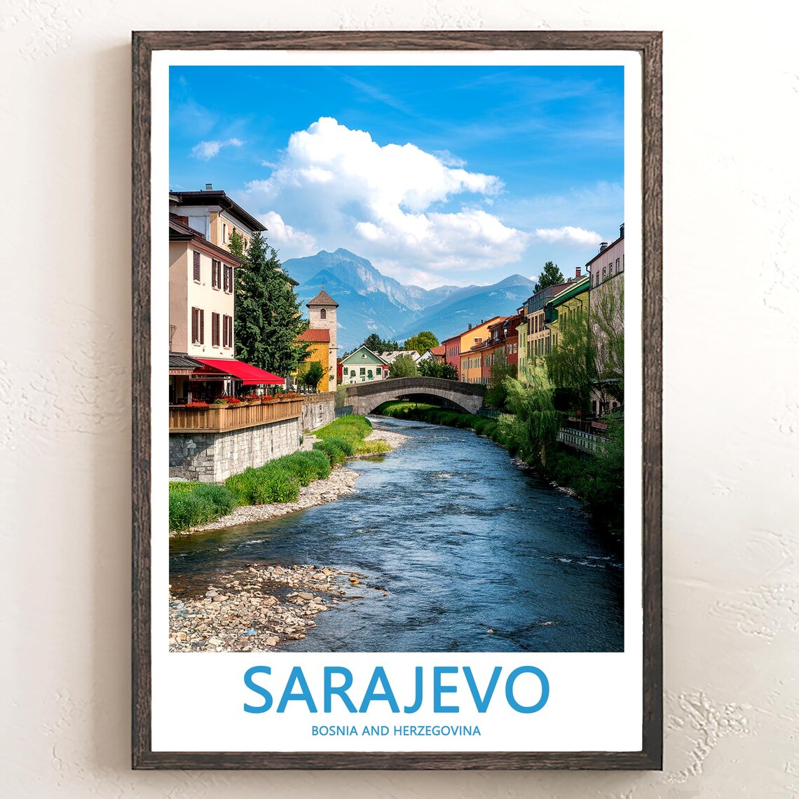 Sarajevo River Stone Bridge and Mountains Cityscape Travel Poster
