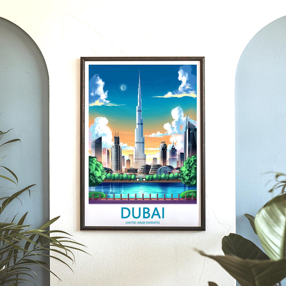 Dubai Skyline Sunset Crescent Moon Over Promenade Travel Poster - Image 3