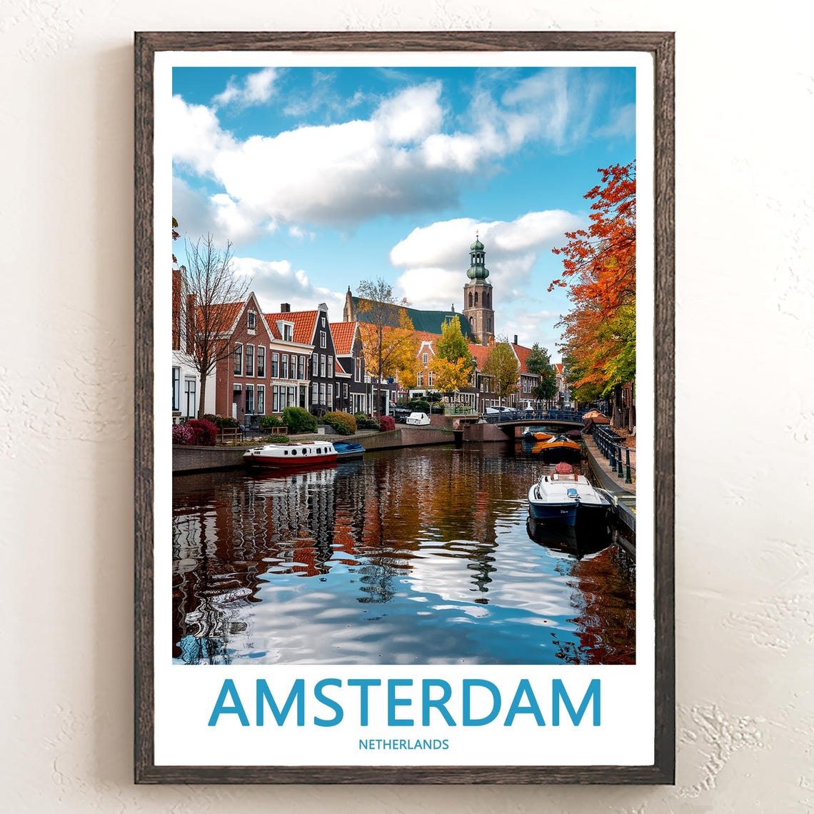 Amsterdam Autumn Canal with Moored Boats and Church Tower Poster