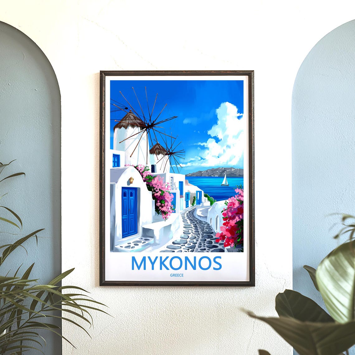 Mykonos White Houses Blue Doors Harbor View Greece Art Poster - Image 3