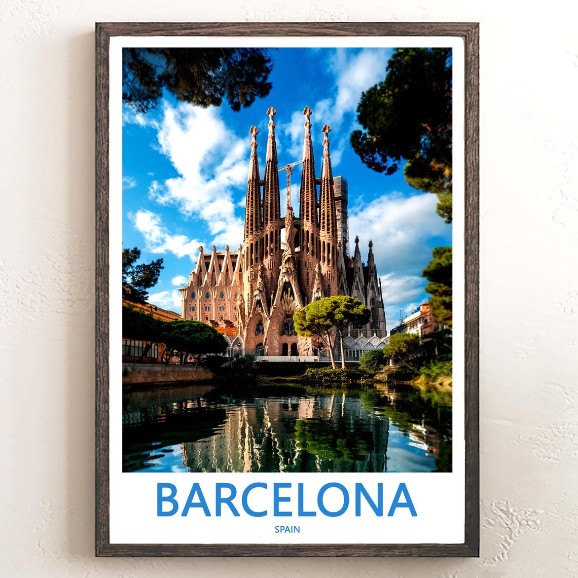 Barcelona Sagrada Familia Reflected in the Pond Travel Poster
