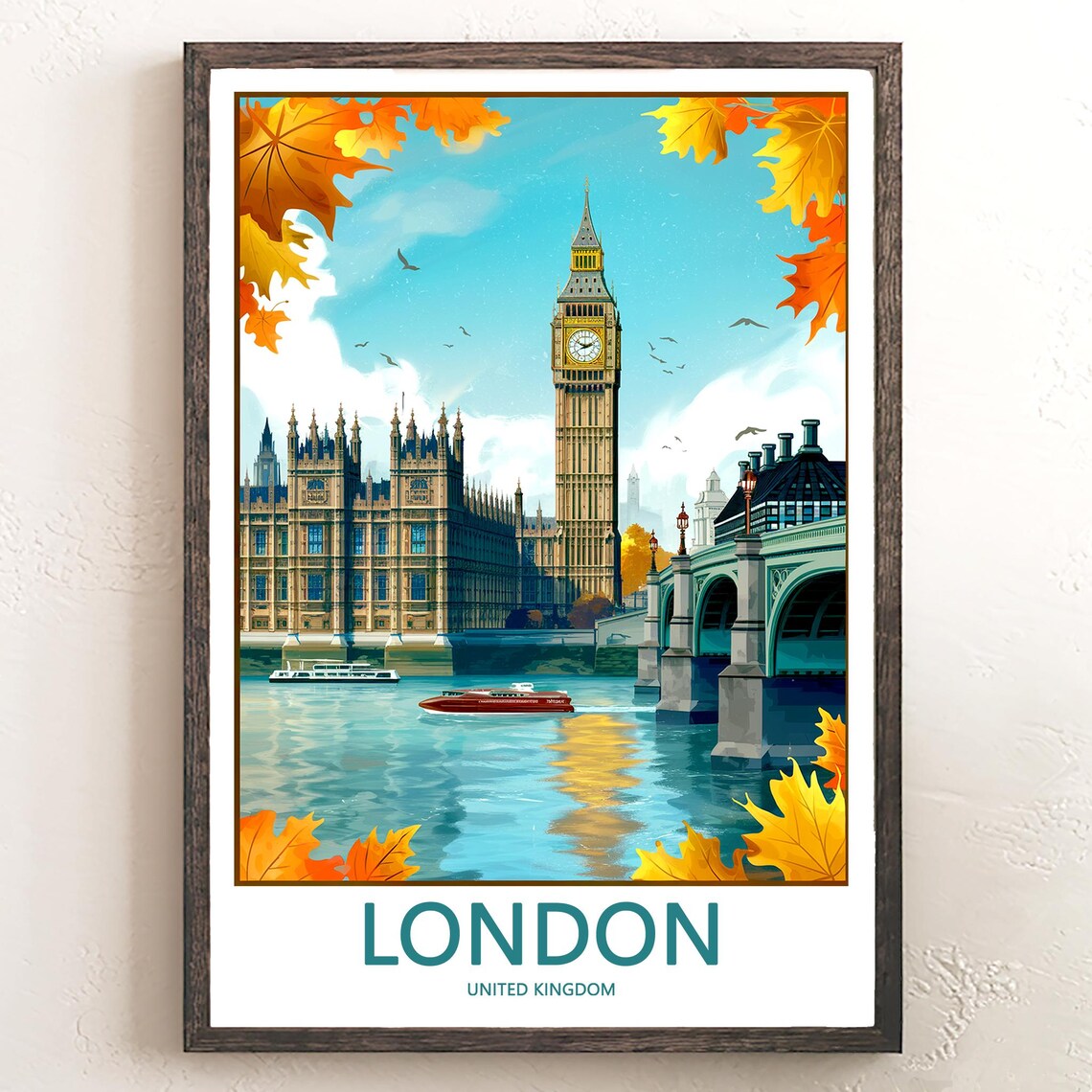London Big Ben Autumn Maple Leaves Framing Thames Boats Poster