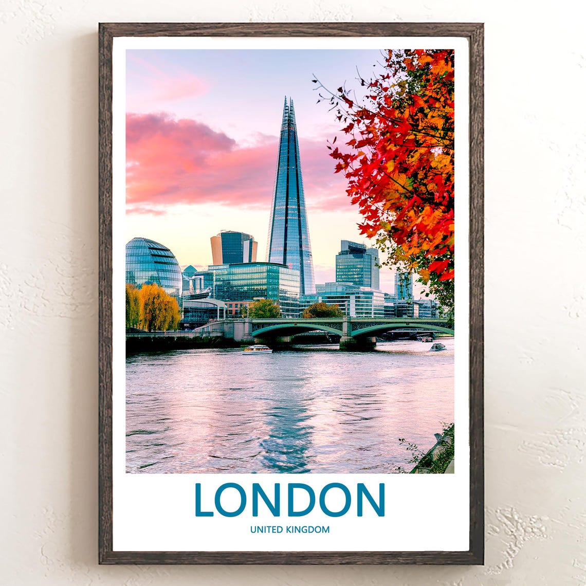 The Shard at Pink Sunset with Maple Leaves and Bridge Poster