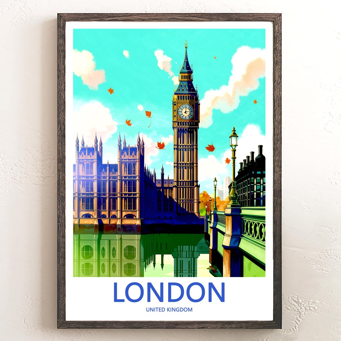 Big Ben Westminster Bridge Teal Sky Autumn Illustration Poster