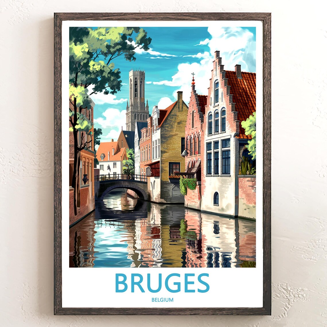 Bruges Summer Canal View with Belfry Tower Belgium Travel Poster