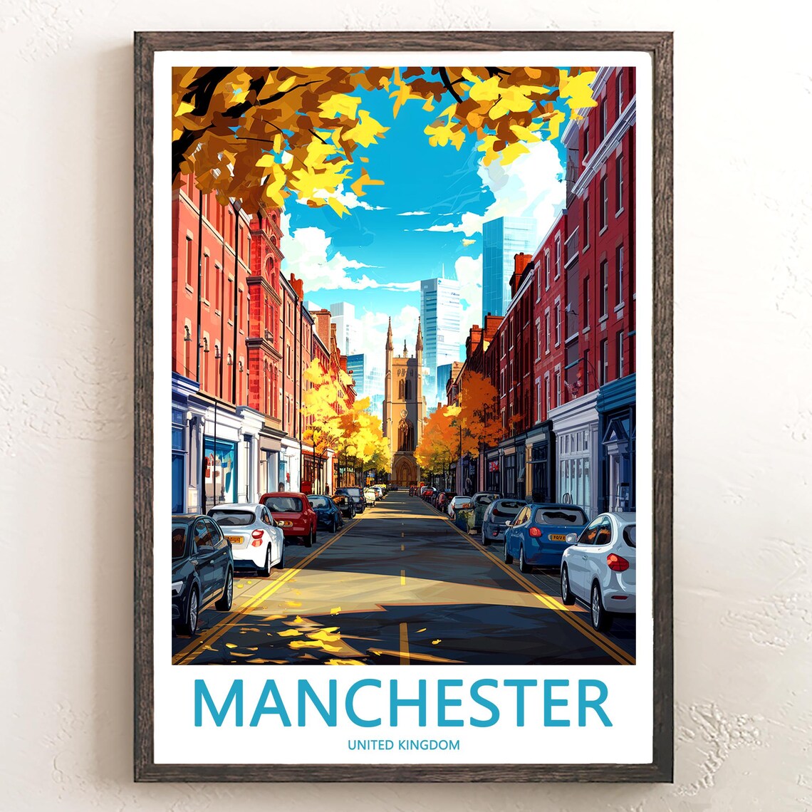 Manchester Autumn Church Street with Parked Cars View Poster