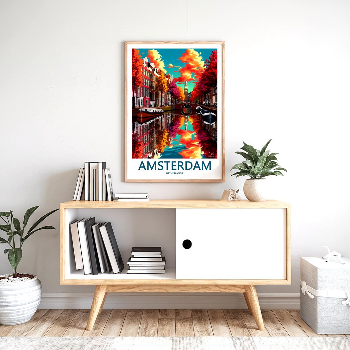 Amsterdam Fiery Autumn Canal Sunset with Boats Art Travel Poster - Image 2