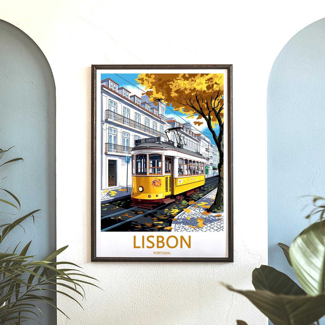 Lisbon Yellow Tram in Autumn With Golden Leaves Scene Poster - Image 3