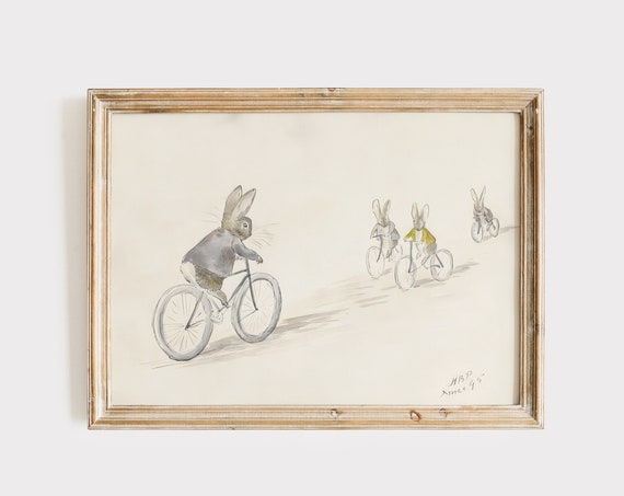Beatrix Potter Biker Bunnies Vintage Illustration Benjamin Bunny And Friends On Bicycles Nursery Print Childrens Book Rabbit Art