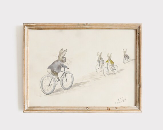 Vintage Bunny Rabbits Cycling Watercolor Nursery Rabbit Art Poster