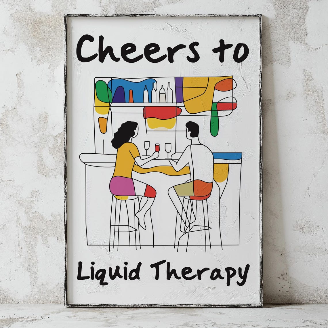 Cheers To Liquid Therapy Couple At The Bar Colorful Line Art Poster - Image 3