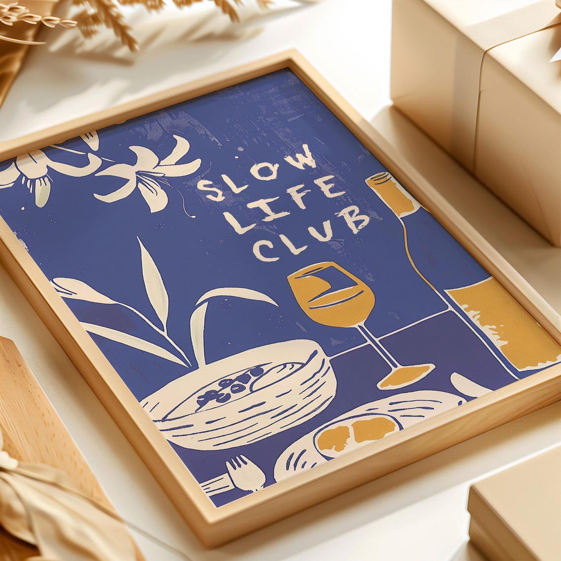 Slow Life Club Navy Blue Wine Breakfast Moody Retro Art Poster - Image 3