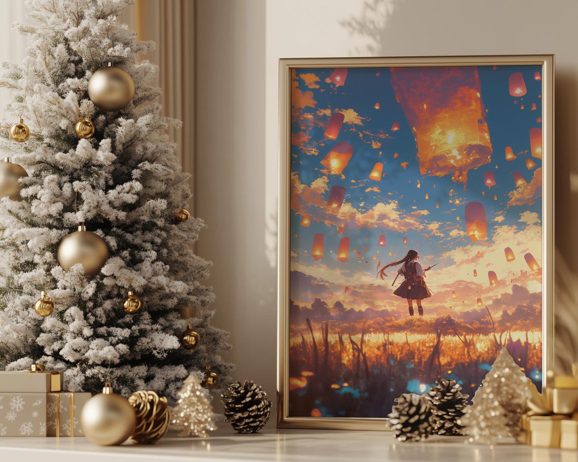 Anime Girl Floating Sky Lanterns Sunset Field Dreamy Lofi Art Poster - Image 4