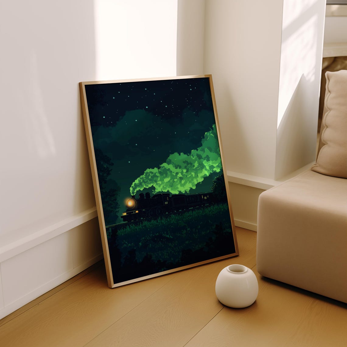 Pixel Art Steam Locomotive Night Green Smoke Retro Train Art Poster - Image 2