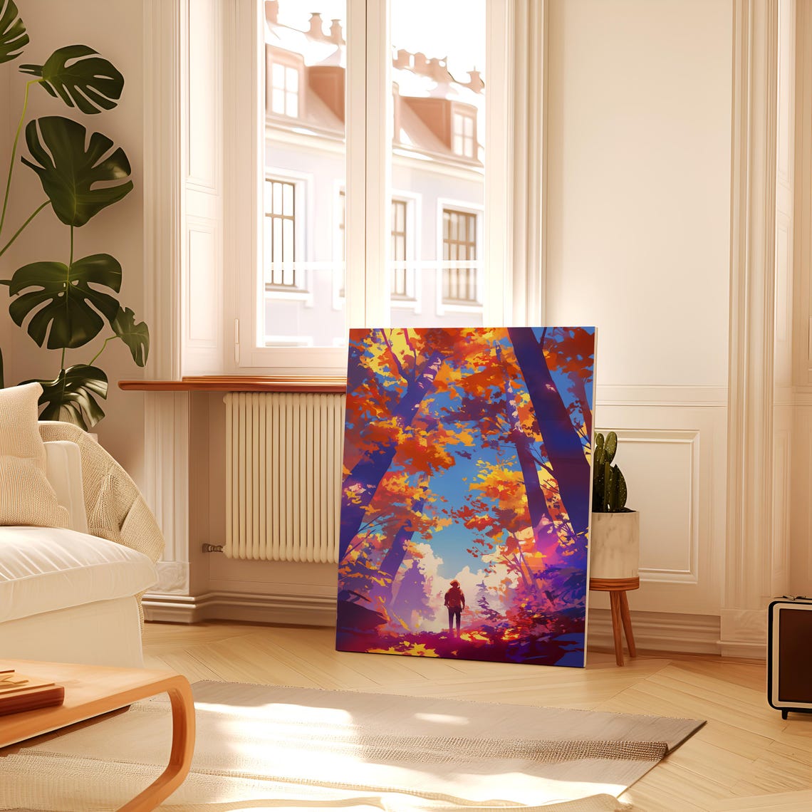 Lone Traveler in Vibrant Autumn Forest Clearing Anime Poster - Image 2