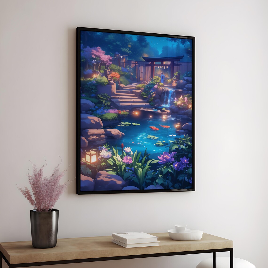 Serene Scenic Anime Japanese Koi Pond Garden at Twilight Poster - Image 4