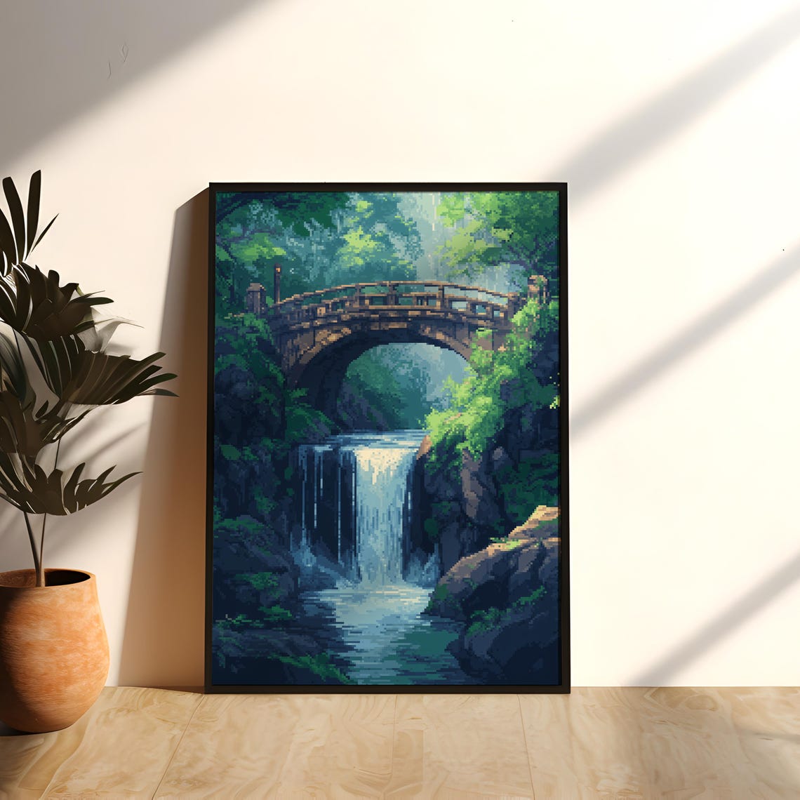 Pixel Art Stone Bridge Waterfall Lush Green Forest Stream Poster - Image 2