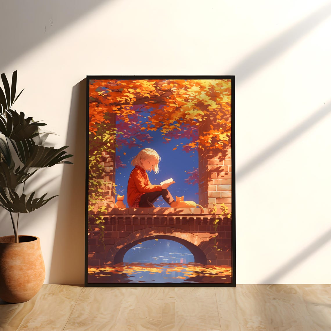 Cozy Anime Girl Reading on Old Stone Bridge in Autumn Poster - Image 3