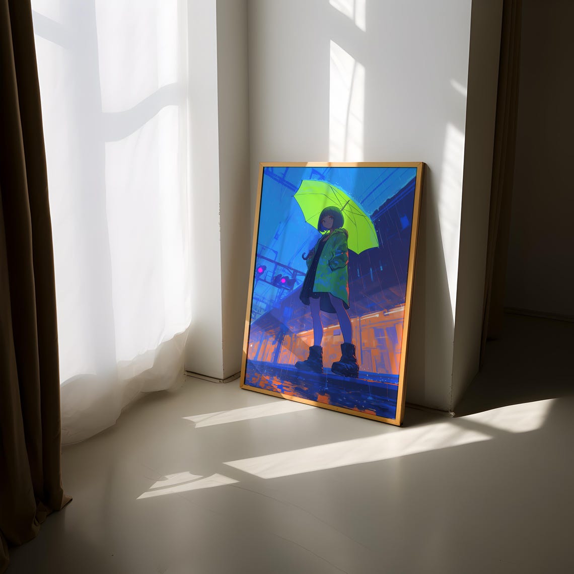 Neon Green Umbrella Anime Girl Bold Rainy City Night Glow Poster - Image 3