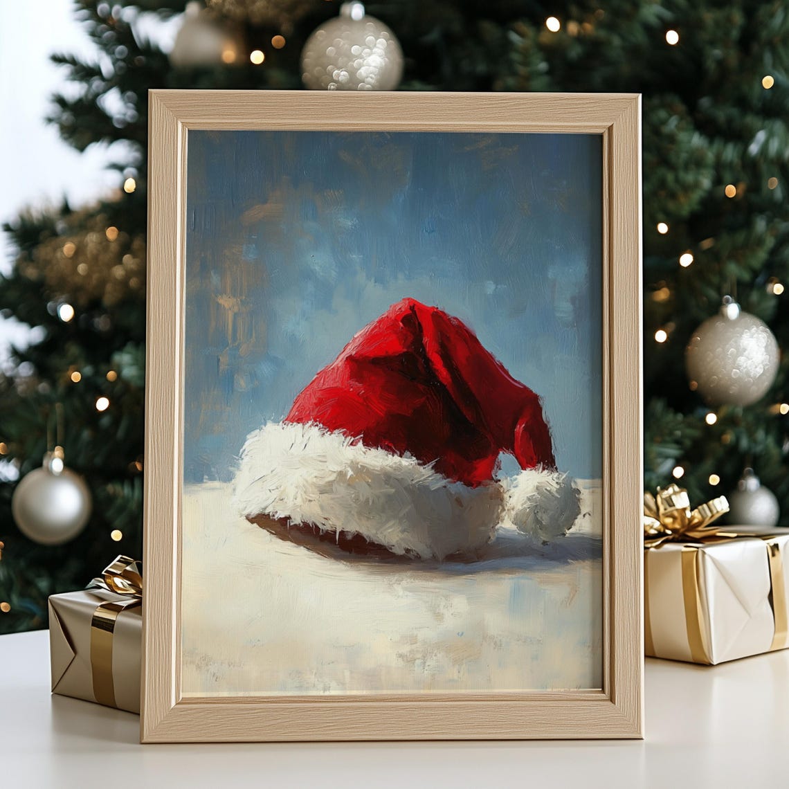 Santa Hat Resting In Snow Vintage Christmas Still Life Wall Print - Image 2