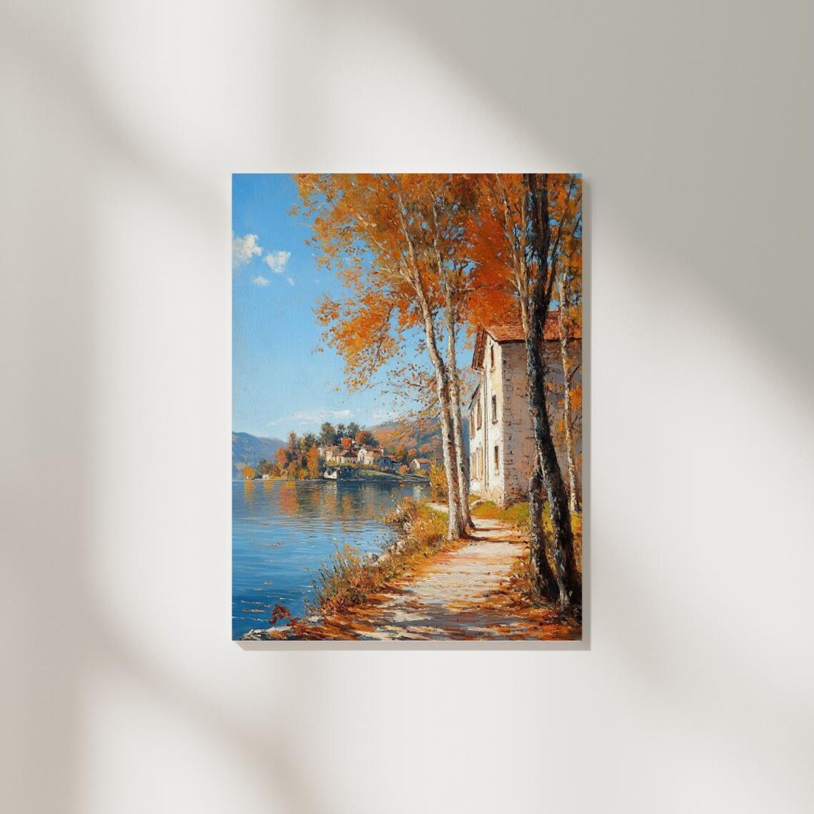 Autumn Lakeside Village Golden Trees Stone House Painting Wall Print - Image 2