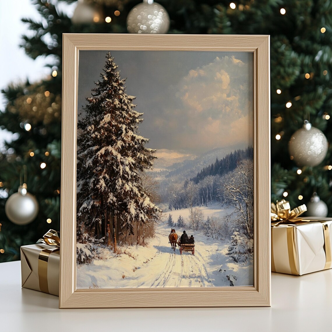 Horse Drawn Sleigh Snowy Forest Antique Winter Landscape Art Print - Image 2