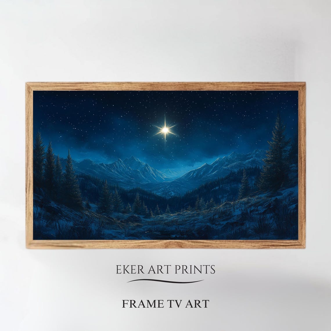 Bright Christmas Star Night Mountain Valley Pines Wide Art Print