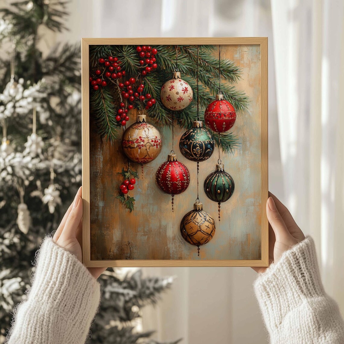 Vintage Christmas Ornaments Wall Art Print Featuring Mistletoe Holly Berries Rustic Moody Festive Christmas Wall Decor - Image 3