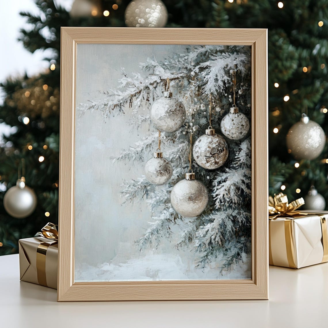 Silver White Christmas Ornaments Frosted Fir Branch Elegant Art Print - Image 2