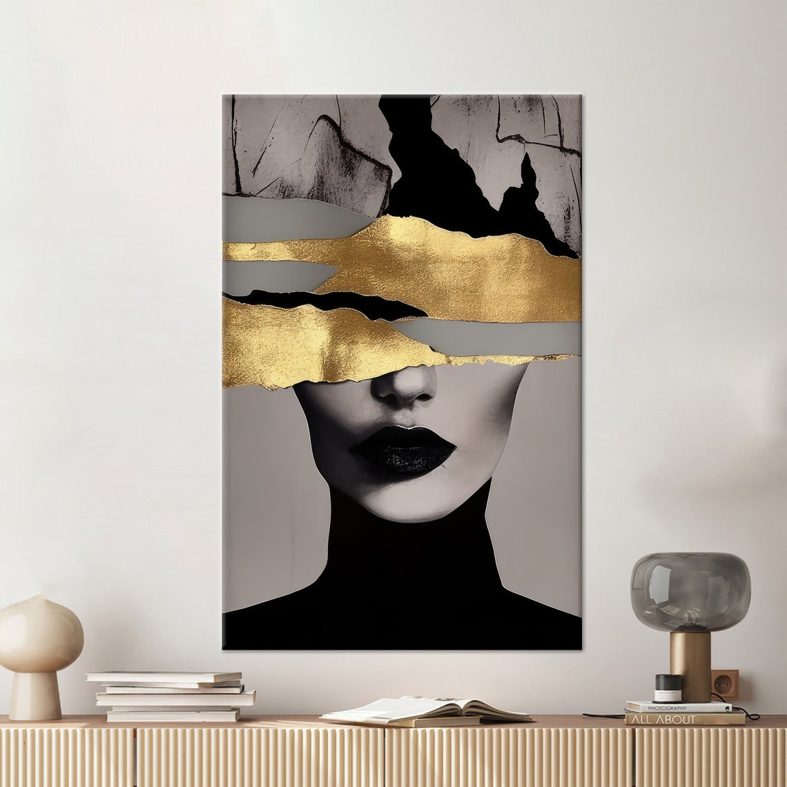 Abstract Woman Face Gold Brushstroke Modern Black and White Art Poster