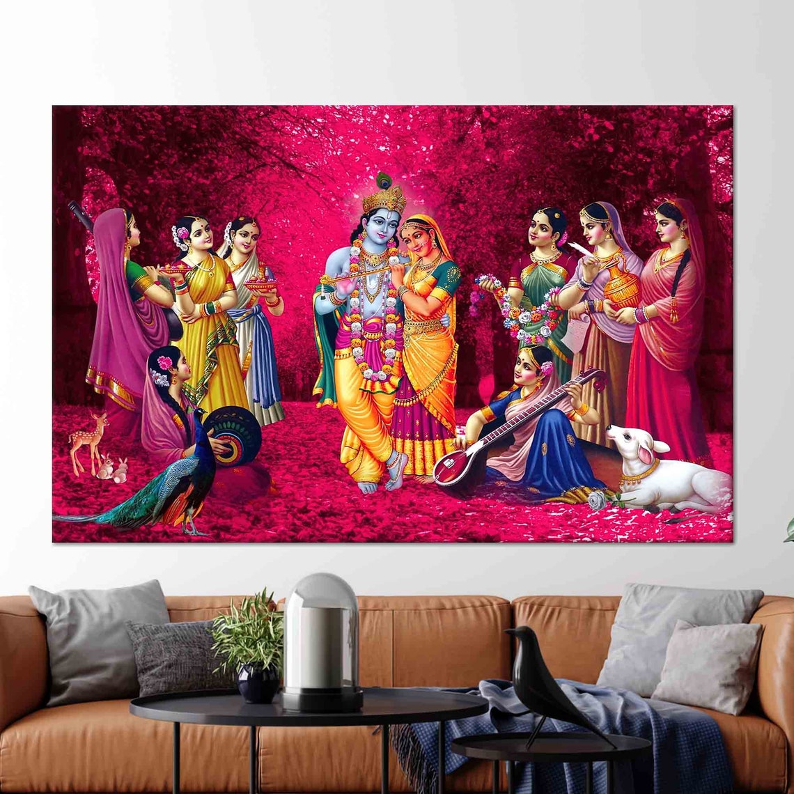 Radha Krishna with Gopis Vibrant Pink Hindu Devotional Wall Poster