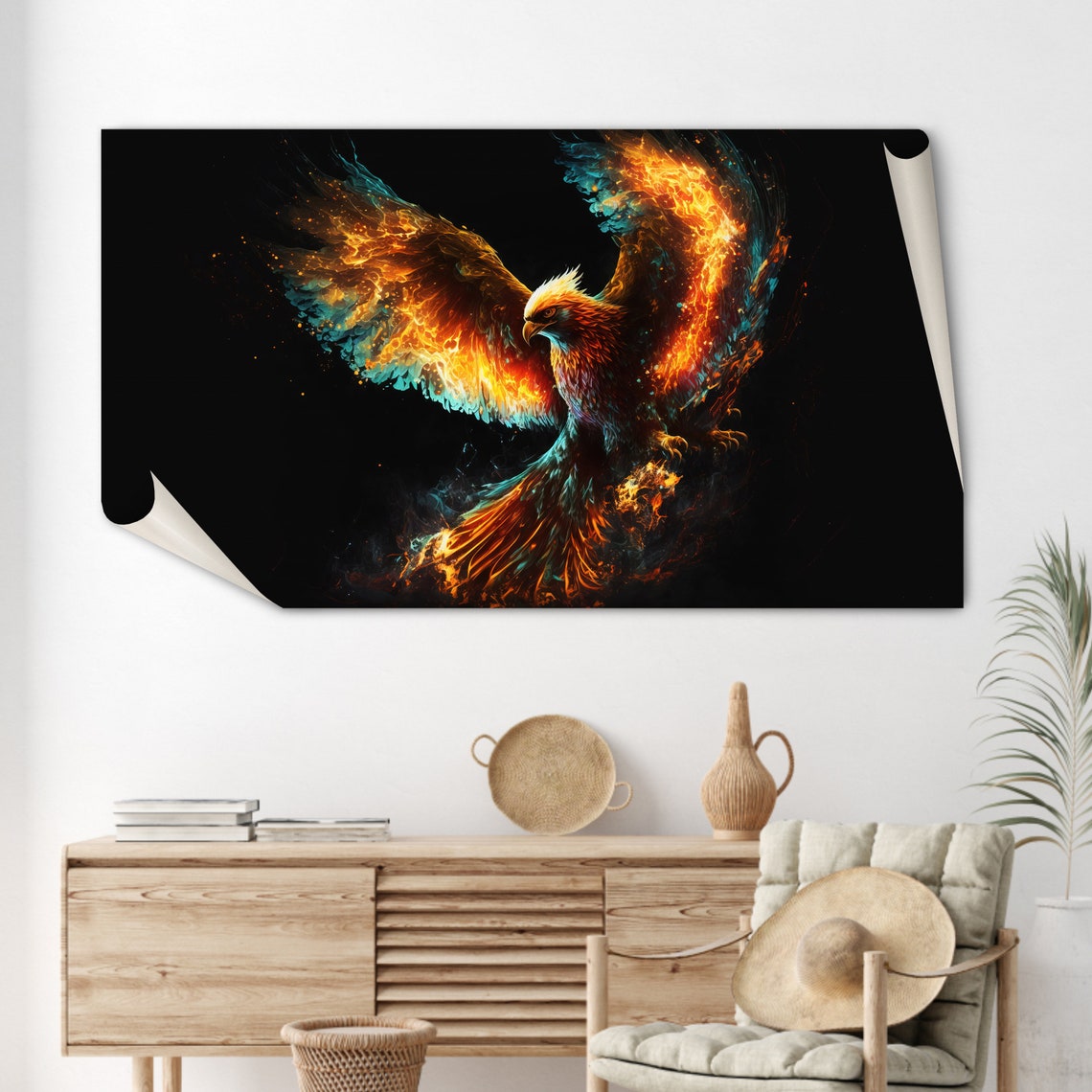 Fiery Phoenix Rising from Flames on Black Fantasy Art Wall Poster - Image 2