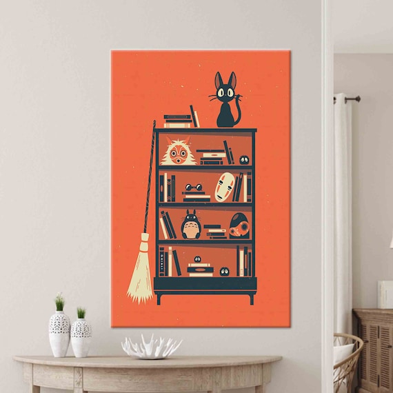 Studio Ghibli Anime Characters Bookshelf Orange Artwork Poster