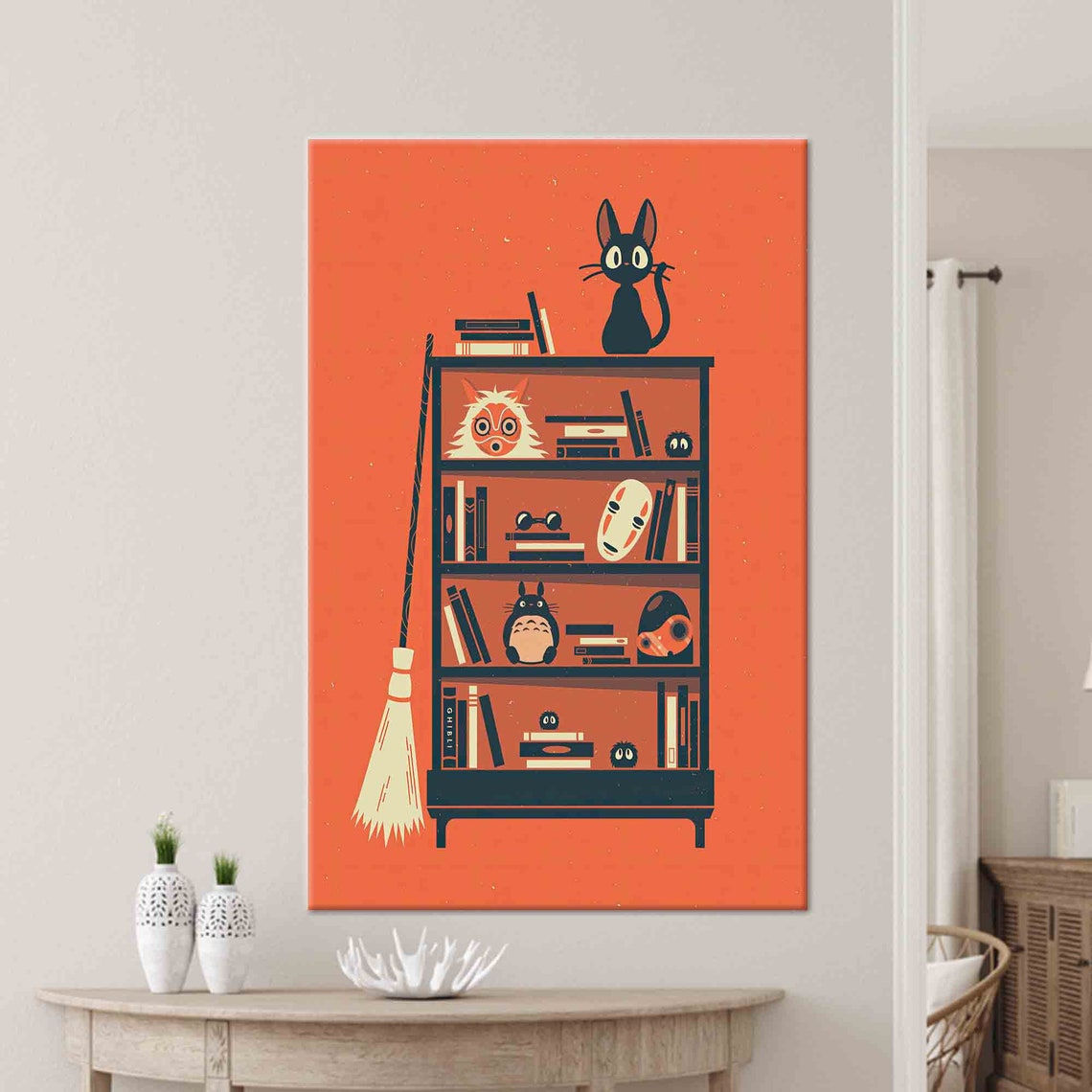 Studio Ghibli Anime Characters Bookshelf Orange Artwork Poster