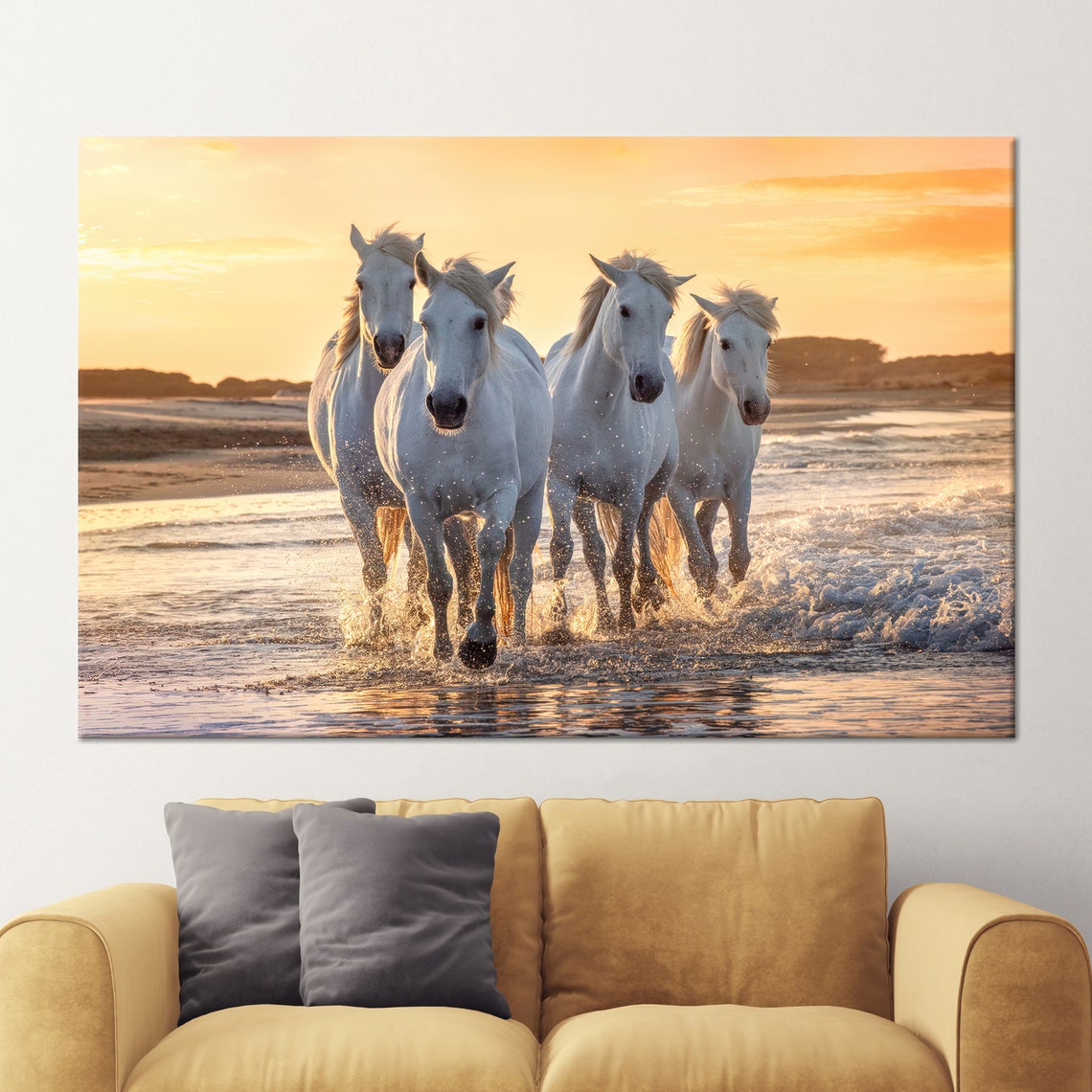Four White Horses Running Beach Sunset Splashes Photography Poster