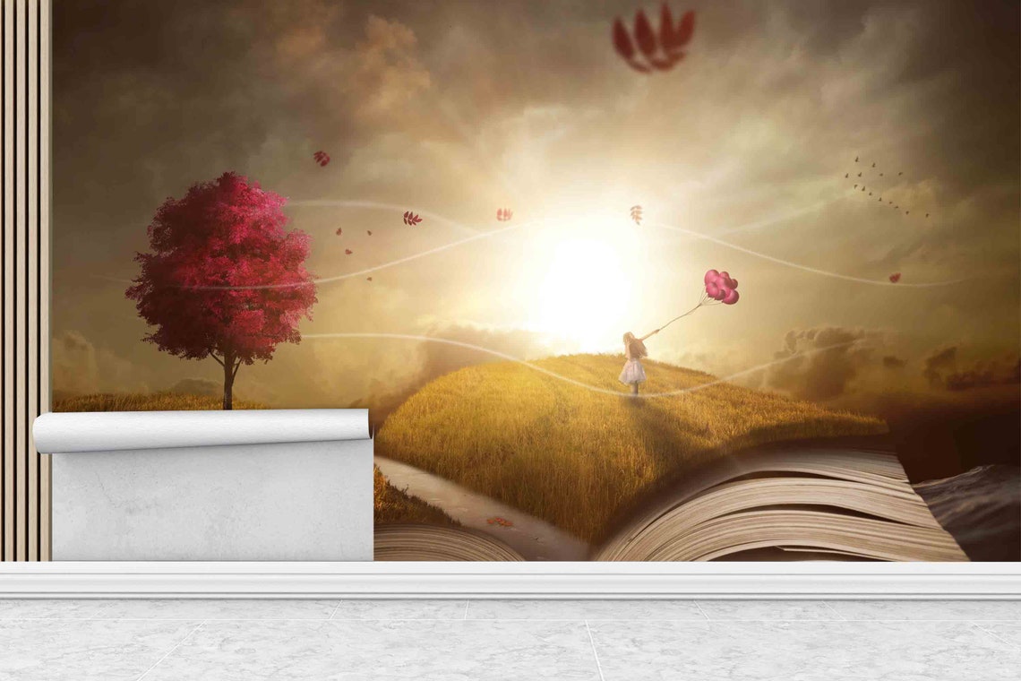 Open Book Fantasy World With Red Tree Girl and Balloons Poster - Image 2