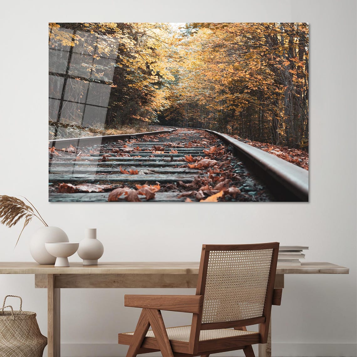 Railway Tracks Curving Through A Golden Autumn Forest Art Poster - Image 2